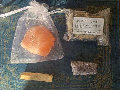 【浄化】　「はじめての浄化セット」 パロサント × ホワイトセージ× アメジストクラスター×ヒマラヤ岩塩　n346
