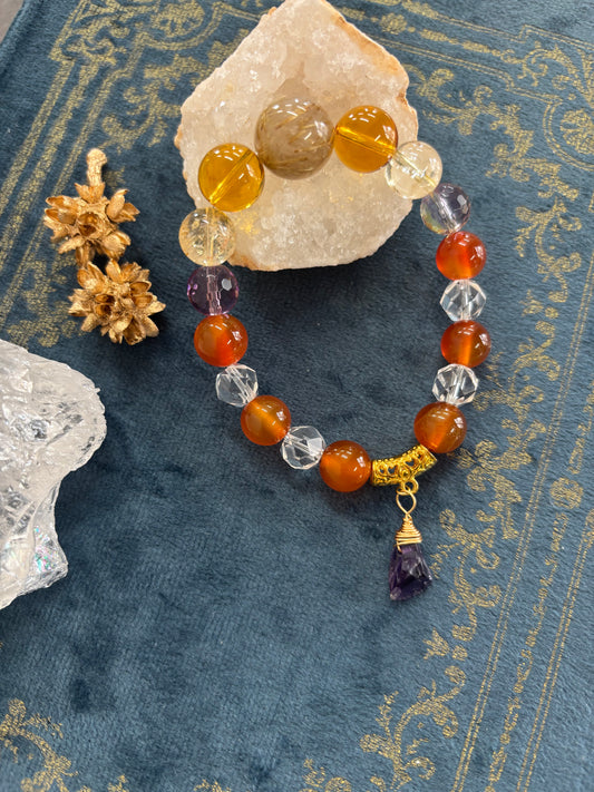 【ブレスレッド】　送料無料　「前向きなエネルギーを引き寄せる」6種天然石ブレスレット  ルチル・シトリン・アメトリン・カーネリアン・水晶・アメジスト　n344